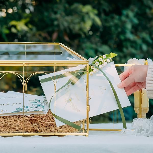 NCYP GLASS CARDS BOX WITH SLOT AND LOCK FOR WEDDING – 12.6″ X 5.9″ X 9″ GEOMETRIC VINTAGE ENVELOPS WISHWELL CARD HOLDER – TABLETOP RECEPTION, BIRTHDAY PARTY DECOR, GOLD (GLASS BOX ONLY)