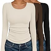 Ekouaer Womens Long Sleeve Shirts 3 Packs Scoop Neck Ribbed Tops Fitted Thermal Undershirt Soft Layering Tees XS-XXL