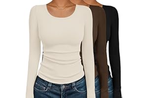 Ekouaer Womens Long Sleeve Shirts 3 Packs Scoop Neck Ribbed Tops Fitted Thermal Undershirt Soft Layering Tees XS-XXL