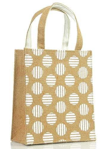 H&B Unisex Jute Handcrafted, Hand Printed Polka Sustainable Designs Reusable Tote Bag (Beige)