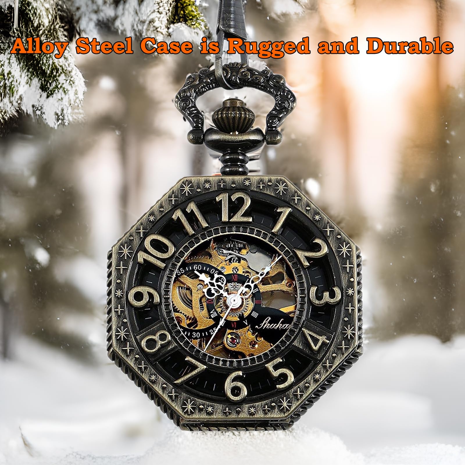 Carrie Hughes Men's Pocket Watch, Vintage Railroad Mechanical Hand Winding Pocket Watch with Chain, Bronze Numerals Octagon Steampunk Pocketwatch, Lucky Gifts for Men CHPW02