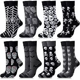 Jiuguva 8 Pairs Novelty Halloween Crew Socks for Men Women | Cotton Festive Prints with Ghosts, Skeletons, Pumpkins, Bats, Soft for Casual Wear, Great for Halloween Parties and Gifting