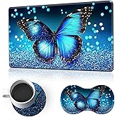 Gaming Mouse Pad Set + Memory Foam Wrist Rest + Coaster,Ergonomic Mouse Mat,Non-Slip Base,Water-Resistant Surface for Office & Gaming Comfort,Blue Sparkling Butterfly