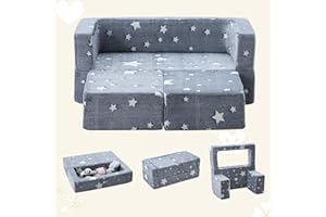 SUFUS Kids Play Couch 3-in-1 Modular Toddler Baby Couches Foam Armchair for Boys & Girls Children Convertible Sofa to Lounger Fold Out Kids Furniture Sofa Play Set, Grow in The Dark Star