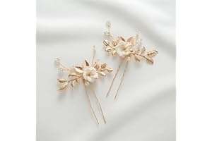 SWEETV 2Pcs Bridal Hair Accessories,Gold Wedding Hair Pins Pieces With White Flowers for Brides
