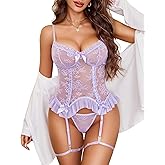 Avidlove Sexy Lingerie for Women Lace Corset and Panty Outfits Sets Push Up Babydoll With Garter Belt Rave Outfits