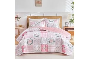 Joyreap 3 Pieces Floral Patchwork Quilt Set Queen, Pink n White Flowers Design, Soft n Cozy Microfiber Quilt, Bedspread Bed Cover for All Season, 1 Quilt and 2 Pillow Shams- 90x90 inches