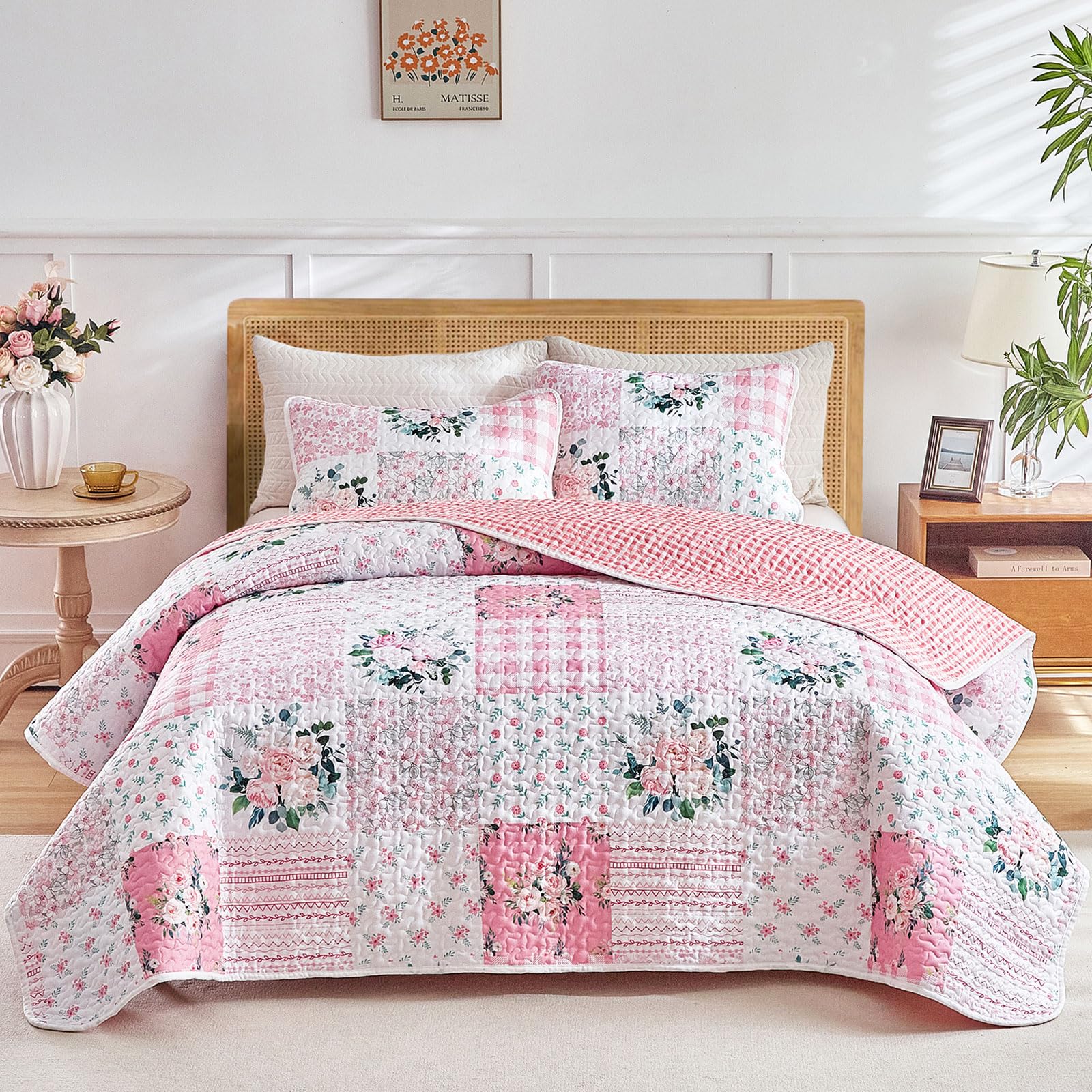 Photo 1 of Joyreap 3 Pieces Floral Patchwork Quilt Set Queen, Pink n White Flowers Design, Soft n Cozy Microfiber Quilt, Bedspread Bed Cover for All Season, 1 Quilt and 2 Pillow Shams- 90x90 inches
