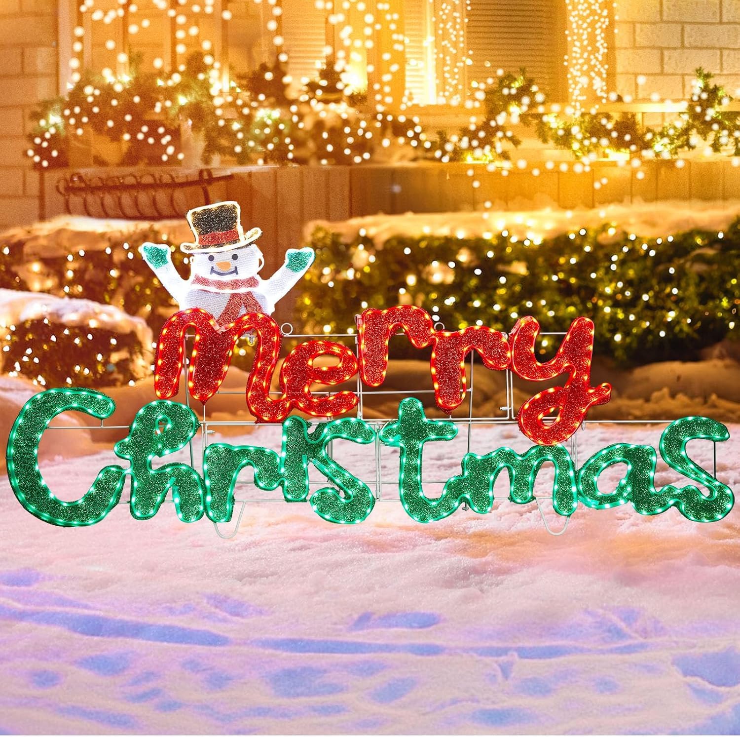 Photo 1 of ***VERY USED*** Brightown Merry Christmas Decorations Lights - 5FT 447LED Outdoor Xmas Decor 60in Twinkle Light Sign with Snowman for Holiday Indoor Front Door Window Party Wall Hanging