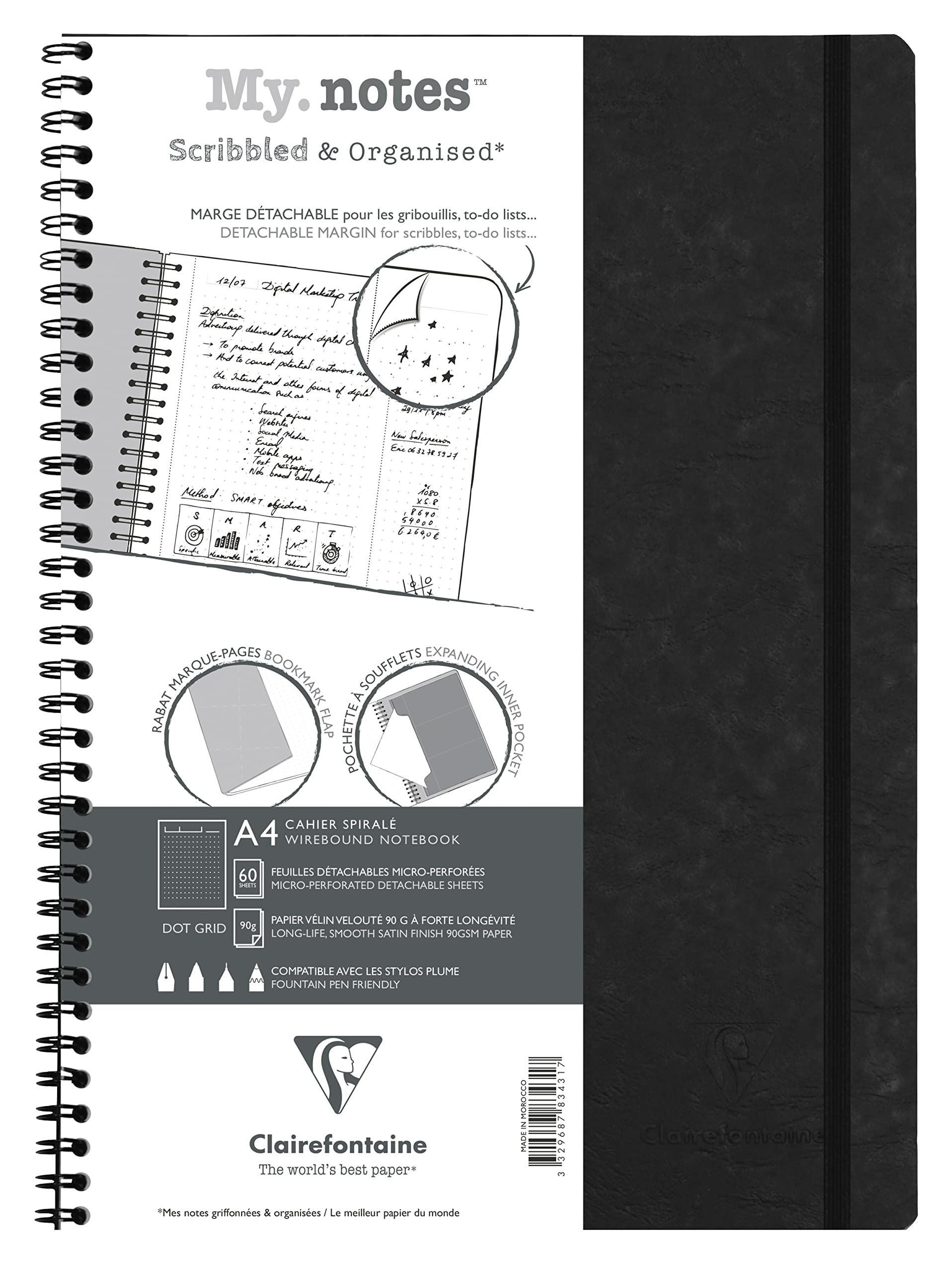Clairefontaine 783431C Age Bag Collection MyNotes Black Spiral Notebook w/ Margins - A4 21x29.7cm - 120 Detachable Pages DOT - White Paper 90g - Cover Leather