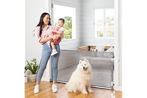 Retractable Baby Gate Perma Child Safety 33" Tall x 71” Wide, Mesh, for Stairs, Doorways, Dogs, Pets, Indoor, Outdoor, One-Handed Operation, Locking, Easy Install, Hardware Mount, Gray