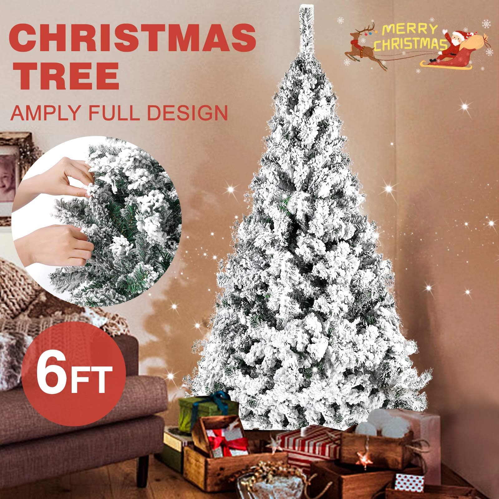 Fitnessclub Christmas 6FT Tree Snow Flocked Artificial Xmas Pine Tree w/Metal Stand Unlit Tree for Indoor Decoration (6FT)