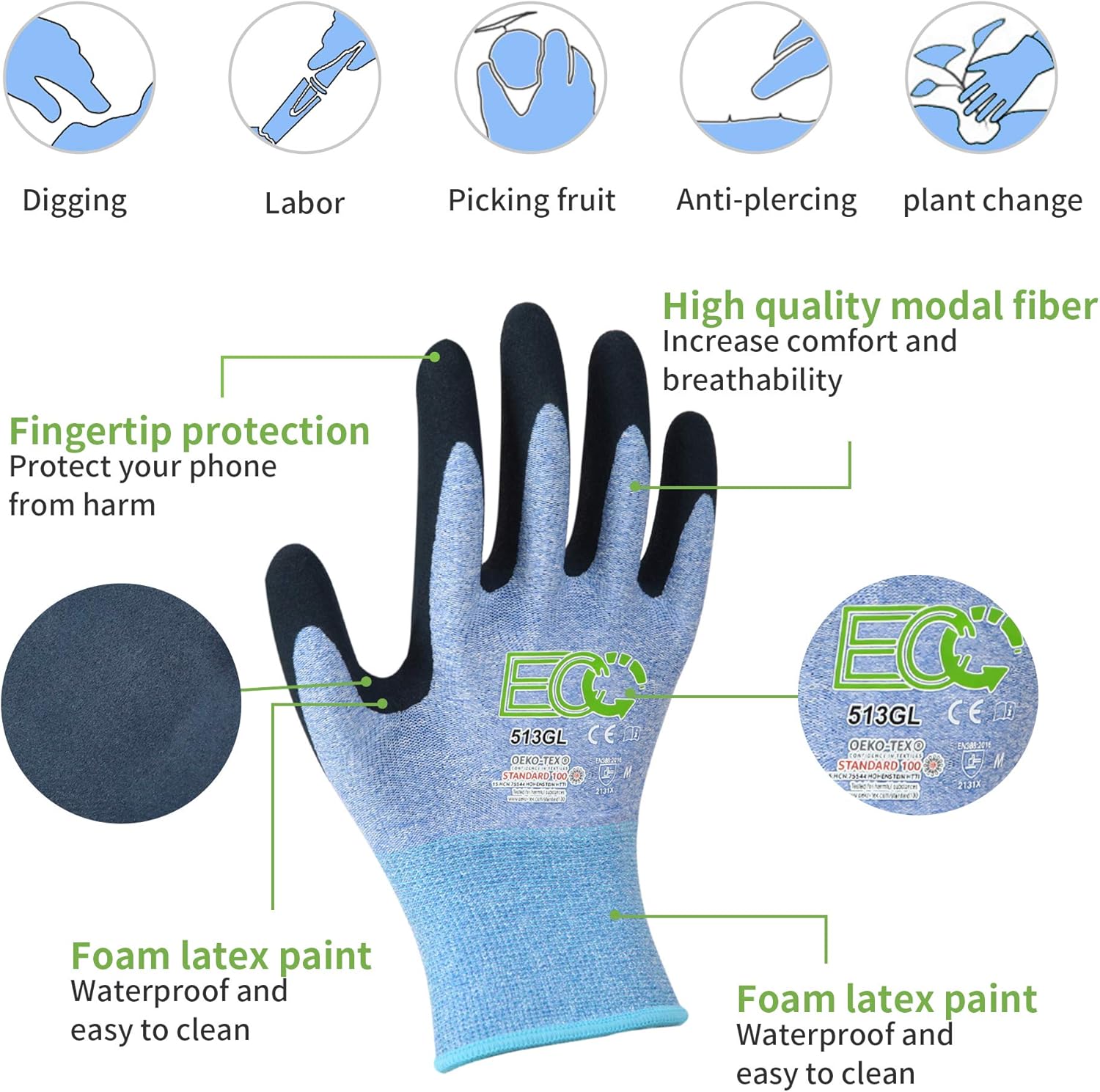 KANGLONGDA 7 Pairs Womens Gardening Gloves with Micro Foam Coating, EN388 2131X Texture Grip Work Gloves for Gardening & General Purpose, 3 Purple + 3Blue +1 Grey: Clothing