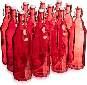 33 oz. Red Glass Grolsch Beer Bottle, Quart Size - Airtight Seal with Swing Top/Flip Top - Supplies for Home Brewing & Fermenting of Alcohol, Kombucha Tea, Wine, Homemade Soda (12-pack)
