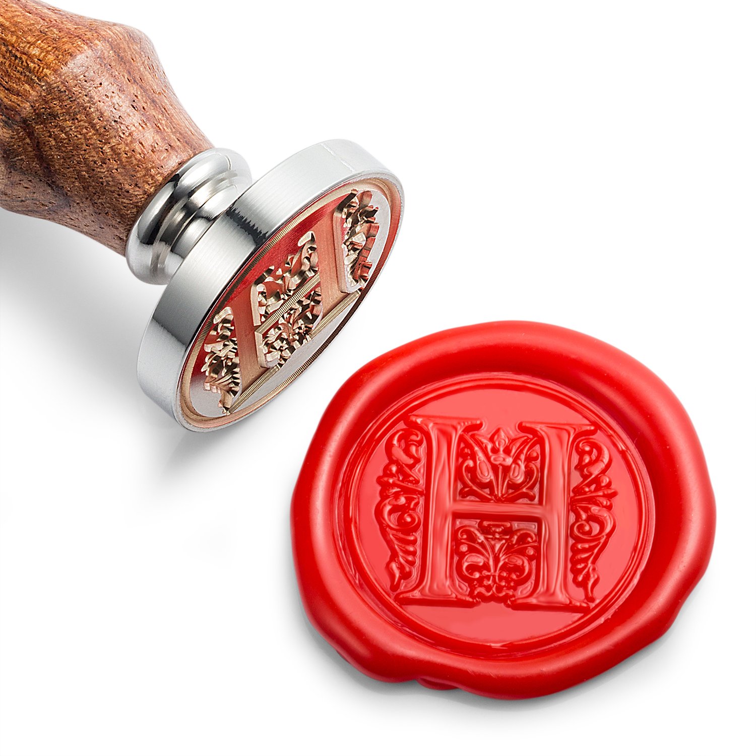 Mceal Wax Seal Stamp, Silver Brass Head with Wooden Handle, Regal Letter A to Z Series(Letter H)