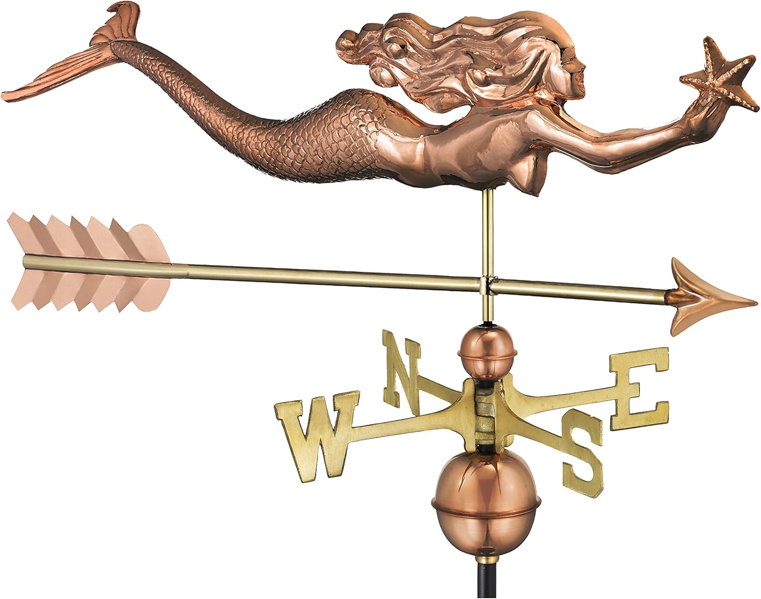 Weathervanes - Good Directions Mermaid with Starfish and Arrow Weathervane - Pure Copper