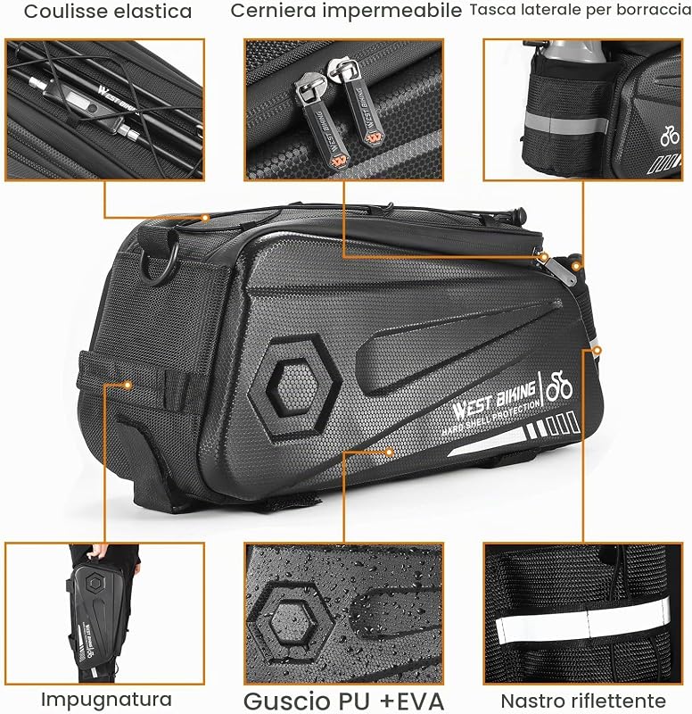 Borsa per sedile posteriore della bici, borsa per portapacchi della bicicletta, doppia cerniera impermeabile, borsa cargo per sedile posteriore da ciclismo, con tracolla, cinghia da polso