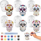 6PCS Halloween Sugar Skull Ceramic to Paint Kit DIY Plaster Figurines | Day of the Dead Ready to Paint Sugar Skull with Brush Palette Paint Painting Craft Activity for Halloween Arts and Crafts