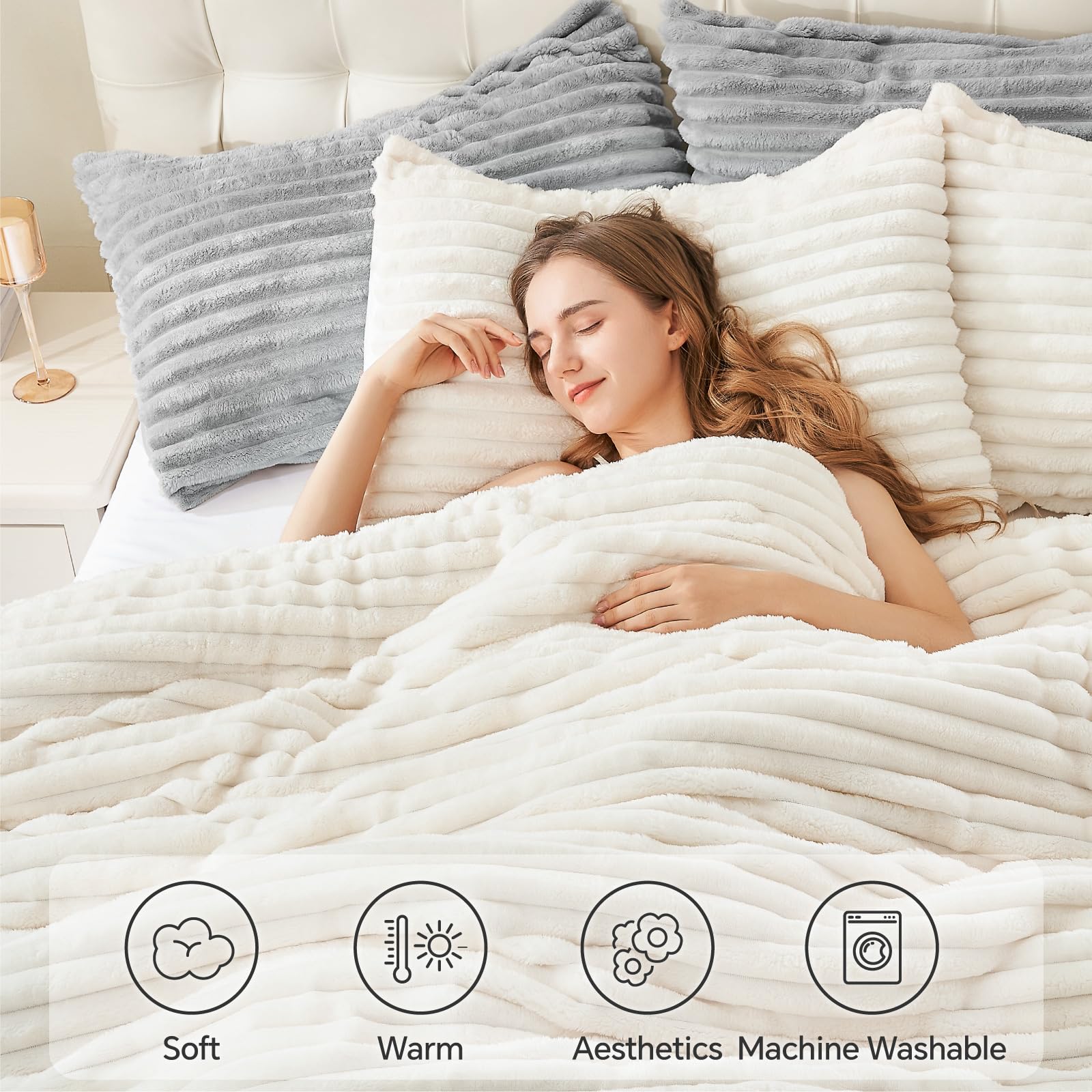 BEDELITE Fleece Queen Comforter Set -Super Soft & Warm Fluffy Cream White Bedding, Luxury Fuzzy Heavy Bed Set for Winter with 2 Pillow Cases