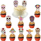 Day of The Dead Cupcake Dessert Toppers Party Supplies Decors, Set of 36 | Mexican Dia De Los Muertos Dessert Toppers, DIY Shaped Sugar Skull Halloween Party Supplies Treat Picks Party Decorations