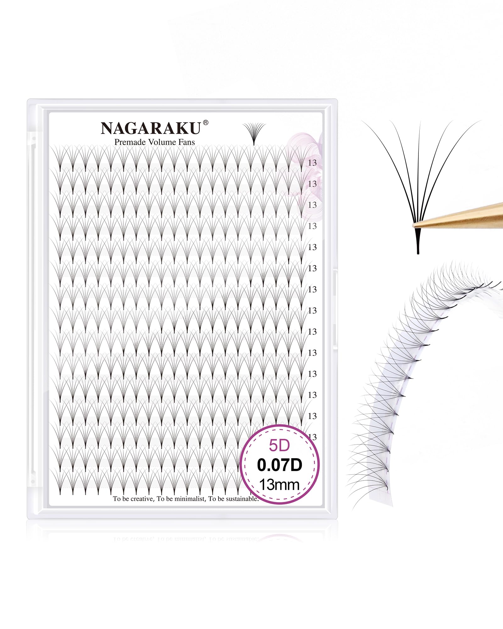 NAGARAKU Eyelash Extensions 320 Clusters Premade Fans Russian Volume Long Stem Premade Fans Thin Pointy Base Natural Pre Fanned Fluffy False Eyelash Black 16 Rows (5D 0.07 D Curl 13mm)