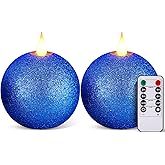 Retisee 2 Pcs Valentines Round Flameless Candles Real Wax with Remote Timer, 4.5″ x 3.8″ LED Glitter Ball Candles Battery Operated 3D Wick Flickering for Valentine's Gift Table Decor(Royal Blue)