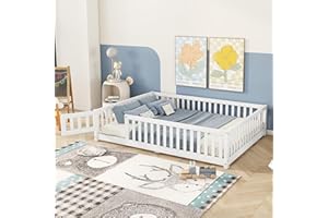 Bellemave Full Floor Bed with Slats and Safety Guardrails, Kids Montessori Floor Beds with Fence and Door, Easy Assemble Floor Bed for Kids, Girls, Boys, White