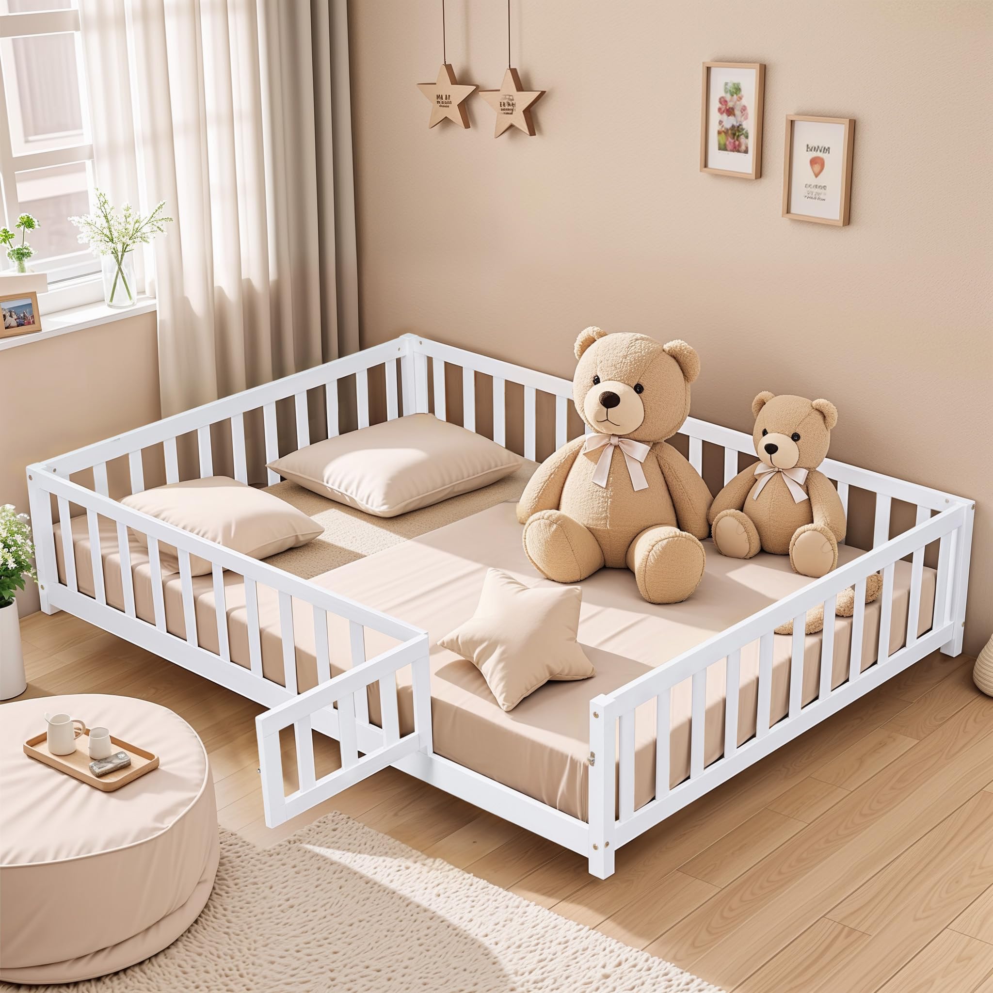 Photo 1 of ** NEW / INCLUDED MANUAL AND HARDWARE** Harper & Bright Designs Floor Bed Full Size Montessori Bed Frame with Fence and Door, Wooden Full Platform Bed for Kids, Boys Girls, Slats Included, No Box Spring Needed, White