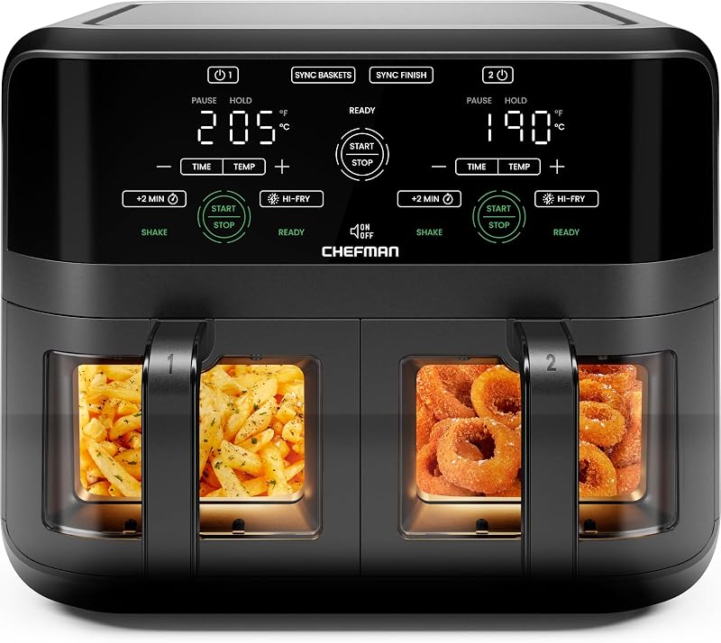 Chefman 5.6L Dual Air Fryer Oven with 2 Baskets Sync Finish Hi-Fry 2100W Black