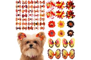 Wavwavw 52 Pcs Fall Thanksgiving Dog Hair Bows Bulk with Rubber Bands Autumn Dog Grooming Bows Holiday Fall Thanksgiving Day Party Cute Pet Puppy Cats Top Knot Hair Accessories