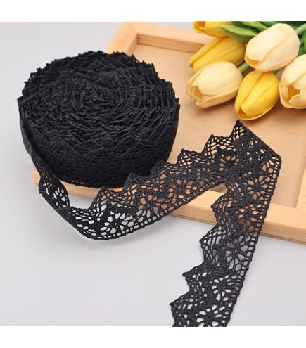 1 Meter Polyester Crochet Lace Edge Trim Ribbon 6.8cm Width Vintage Black Edging Trimmings Fabric Embroidered Applique Sewing Craft Wedding Bridal Dress Embellishment Clothes DIY Caft