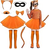 codree 7 Pcs Orange Cat Costume Accessories Set, Halloween Orange Cats Cosplay Outfits, Cats Ear Headband Nose Tail Bowtie Black Mask Tutu Skirt Socks Set for Halloween Book Day Role Play