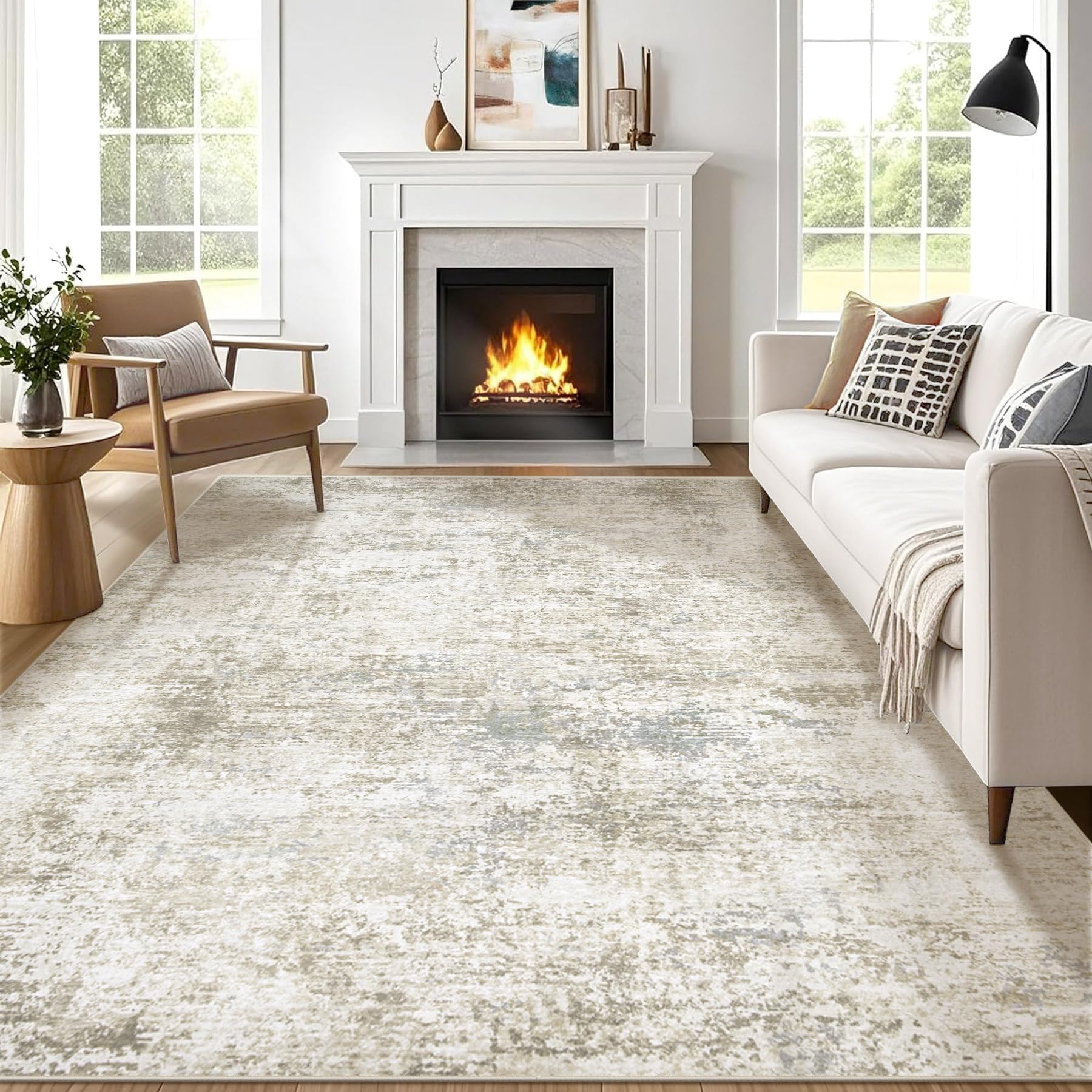 Photo 1 of 5x7 Washable Area Rug for Living Room: Modern Abstract Rugs Soft Non-Slip Low-Pile Indoor Floor Carpet for Bedroom, Dining Room, Nursery (BeigeBrownBlue, 5'x7')