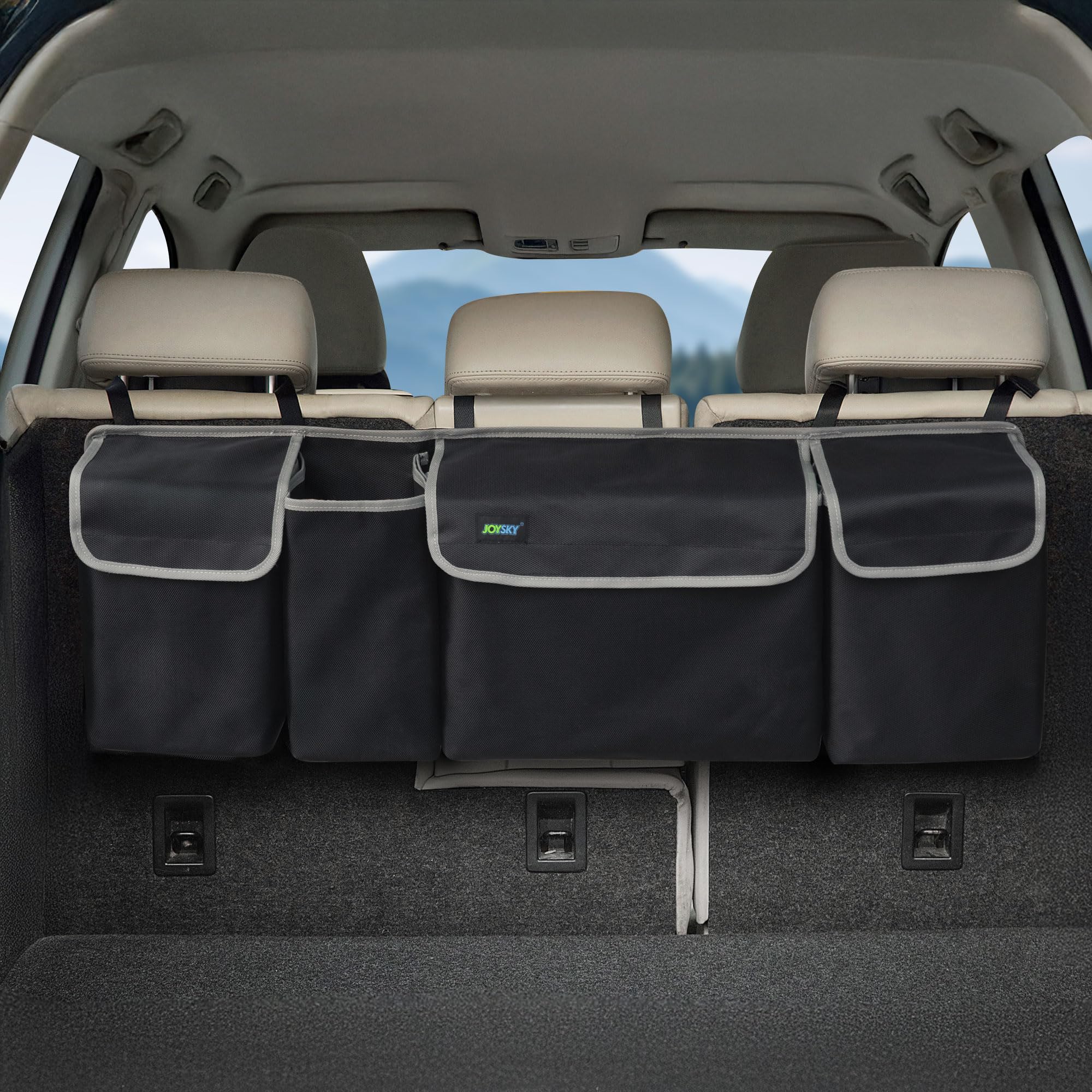 Photo 1 of JOYSKY Car Trunk Organizer for SUV, Backseat Hanging Trunk Organizer for Jeep, Hatchback, MPV, Large Capacity Seat Back Storage Bag, Made of High Density Fabric, Space-saving Car Interior Accessory