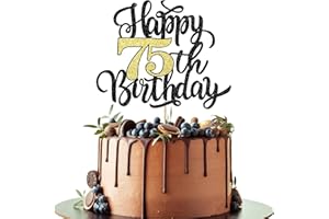 Leetaivie Happy 75th Birthday Cake Topper, Black Gold Glitter Birthday Cake Topper, 75th Anniversary/ 75th Birthday Party Decoration Supplies