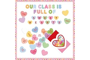 CPicdn 125Pcs Valentine’s Day Conversation Heart Bulletin Board Classroom Decoration Sweet Candy Heart Cutouts Name Tags Border Trim Valentines Party Supplies School Classroom Wall Door Decor