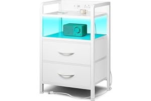 LAZZANTO Night Stand Bedside Table Bedroom - Nightstand with Charging Station & LED Light Strip, Bed Side Table with Storage Shelf & 2 Fabric Drawers, Morden White End Table with U-S-B Ports & AC Outlets