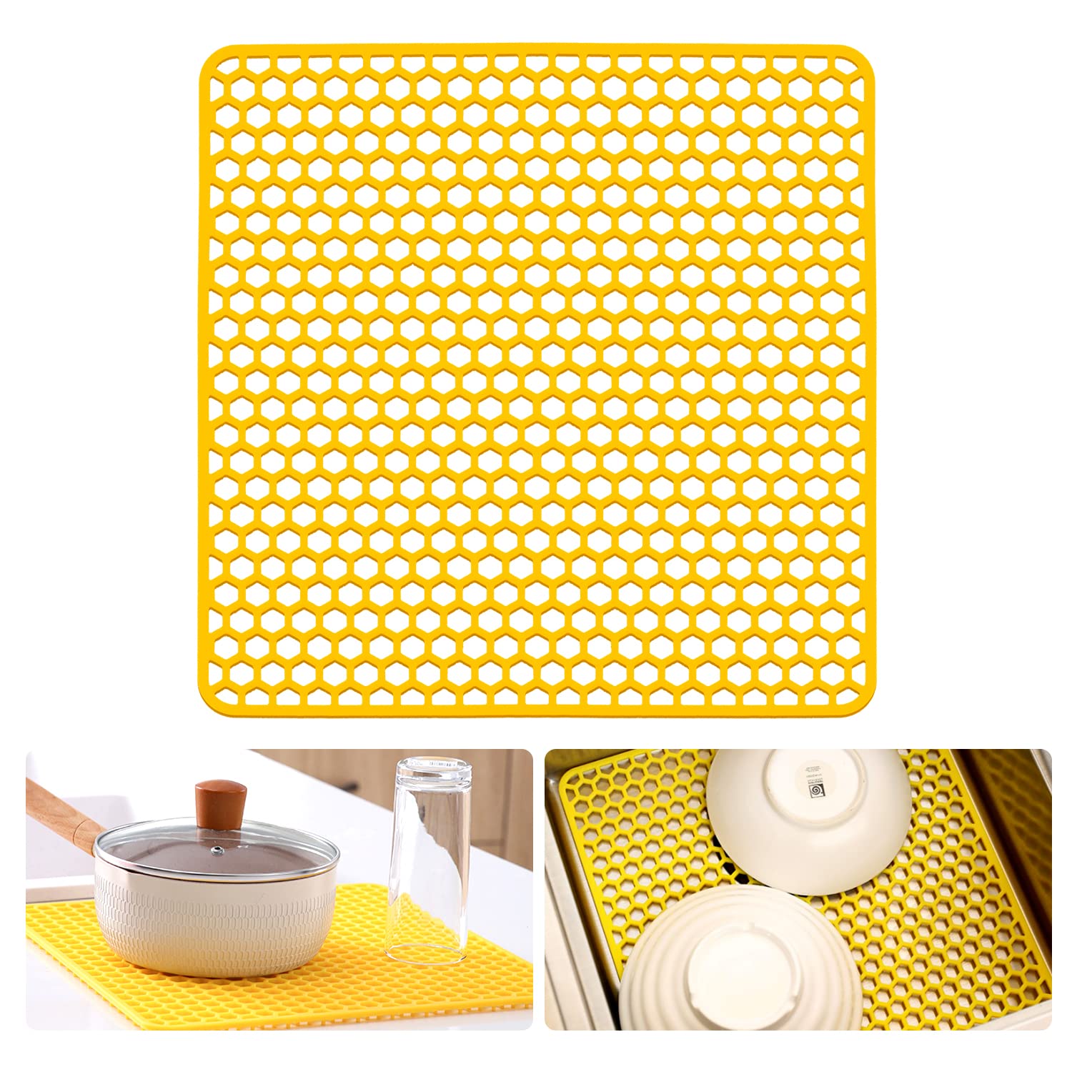 Silicone Sink Protector Mat Kitchen Grid Sink Liner, for Farmhouse Stainless Steel or Porcelain Bowl Sink,34 cm x 34 cm (Purple) (Yellow)