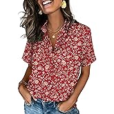 Zeagoo Button Down Shirts for Women Short Sleeve Collared Tops Dressy Casual V Neck Blouses
