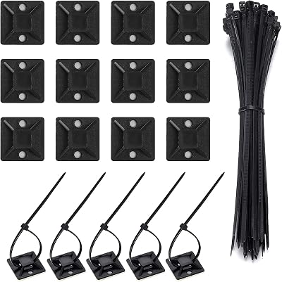 Juliyeh Cable Ties Adhesive Mounts 200 Pcs Self Locking Nylon Tie Wraps