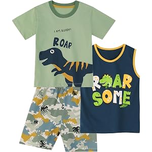Unnivoll Toddler Pajamas 100% Cotton Toddler Boy Clothes 3 Piece T-Shirt Tank Top and Shorts Summer Clothing Sets 2-6Y