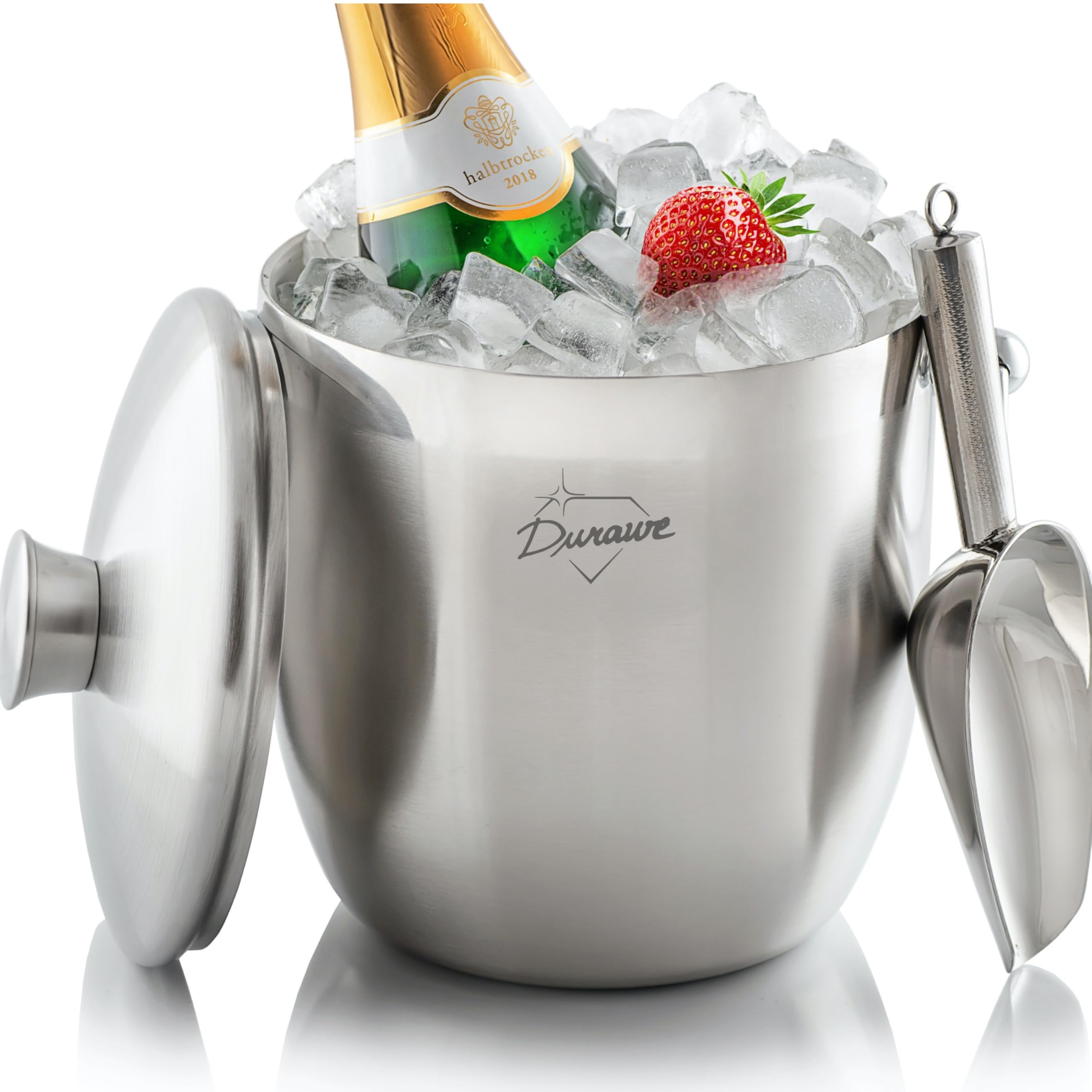 3L Insulated Ice Bucket, Champagne Bucket, Ice Bucket with Lid and Tongs, Stainless Steel, Strainer, Ice Scoop, Large Ice Buckets for Parties, Champagne, Drinks Bucket, Beer and Wine Bucket
