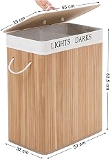 SONGMICS 100L Bamboo Laundry Basket with Lid Foldable 2 Compartments LCB64Y view 4