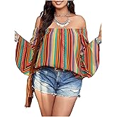 BEAUDRM Women's Plus Size Striped Ruffle Blouse Boho Off The Shoulder Tops Half Sleeve Flowy Shirts Festival Outfits