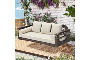 YALISSEY 3 Seat Porch Swing, Wicker Patio Swing with Cup Holders & 3 Back Cushions, Yard Swing with Chains for Deck Garden Backyard,Brown Rattan,Beige Cushion,56-inch