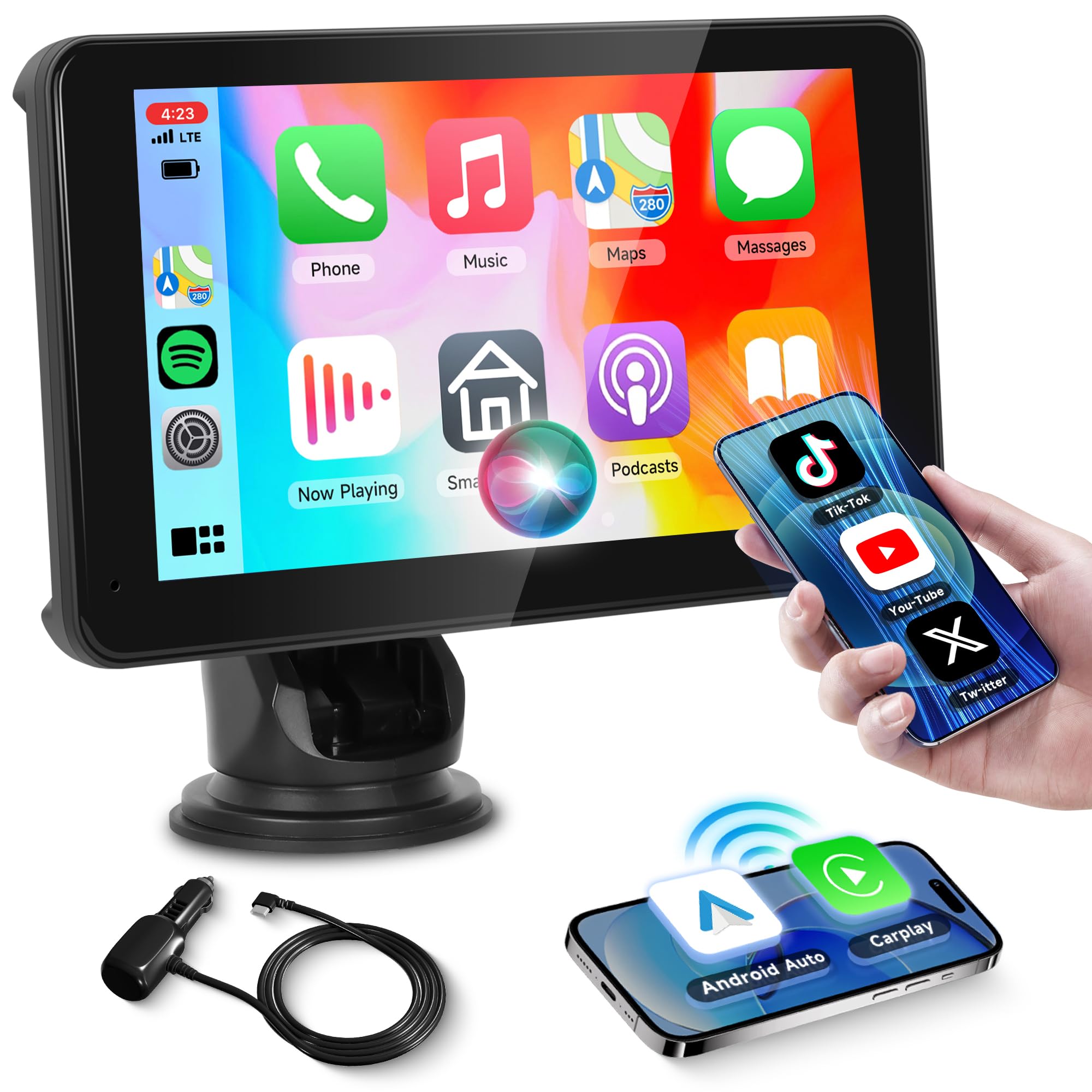 Wireless Carplay Screen Portable Car Stereo Android Auto Screen, Rimoody 7 Inch Touch Screen Portable Car play Bluetooth FM Transmitter Mirror Link Voice control AUX Cable