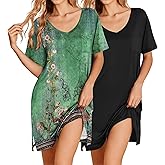 Ekouaer 2 Pack Nightgowns for Women Short Sleeve Sleepshirt V Neck Nightshirt Casual Print Sleepwear