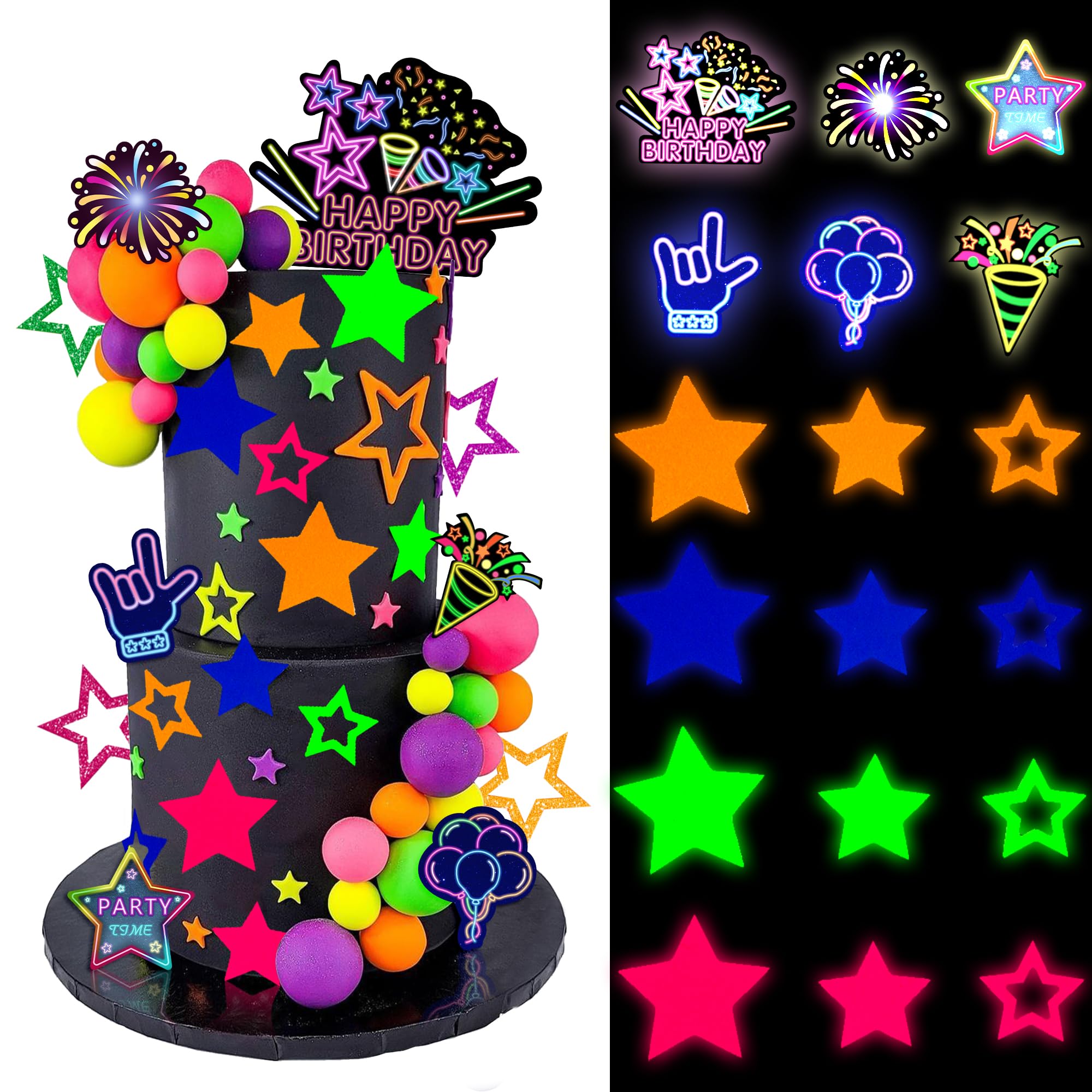 Photo 1 of 46 PCS Glow in the Dark Cake Toppers Let’s Glow Theme Cake Decorations for Neon Birthday Engagement Wedding Party Decorations Supplies (01)