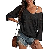ATHMILE Off The Shoulder Tops for Women Summer Crochet Hollow Out 3/4 Sleeve Pullover Sweater Beach Cover up Vacation Clothes