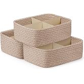 3 Pack Small Baskets for Organizing, Woven Storage Baskets for Shelves | 11.8x7.8x3.8 in Cotton Rope Baskets, Toy Baskets Storage Kids, Basket Organizer, for Living Room, Bedroom, Nursery, Brown